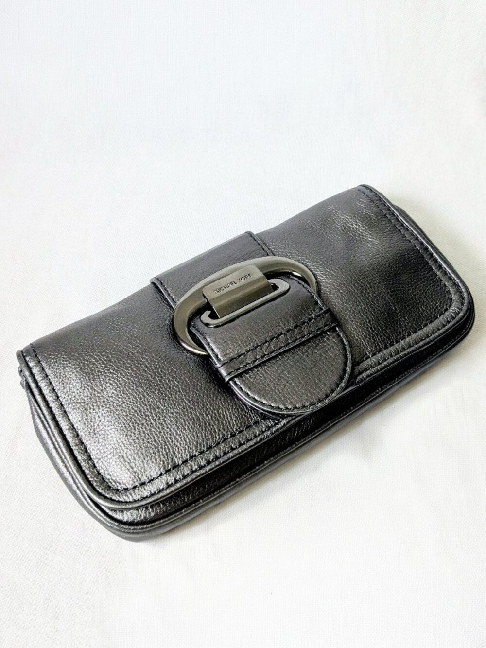 NWT Michael Kors Morgan Metallic Gray Pebbled Leather Clutch Bag